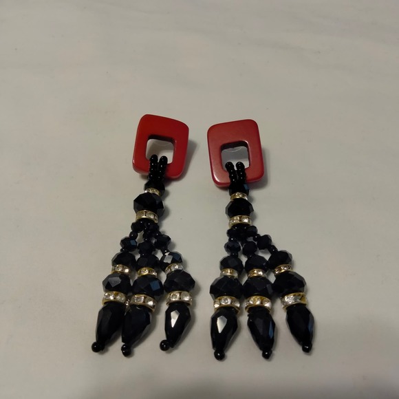 Iris Apfel & Bajalia Black, Red & Clear Rhinestone Tasseled Statement Earrings - Picture 8 of 11